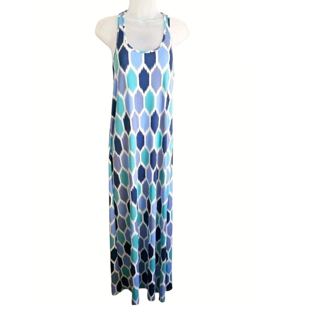 Tori Richard Valerie Racerback Tank Maxi Dress Blue Green Geometric Sz S Hawaii - Picture 2 of 10